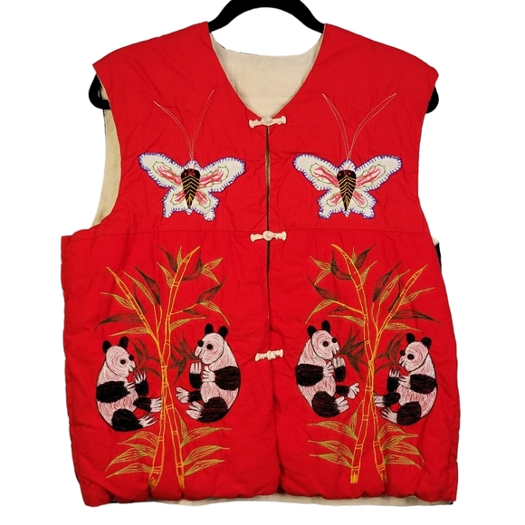 Jackets & Blazers - Embroidered Asain Vintage 80's Panda Butterfly Frog Motif Quilted Vest Unsized